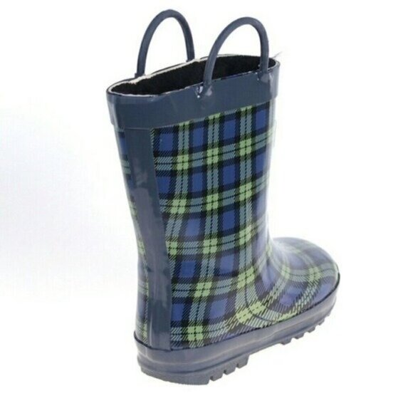 Kids Rainboots, Faux Fur Lined Rain Boots, K-1557 Blue Plaid, Size Toddler 11 - Picture 2 of 4